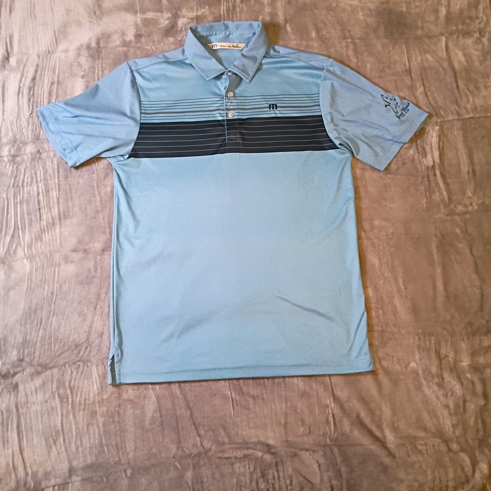 TravisMathew Mens Medium Blue Striped Performance Golf Polo Goose Creek‎ Logo